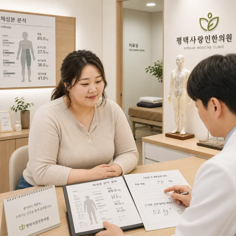 목표 체중 상담 상황을 설명하는 블로그 이미지