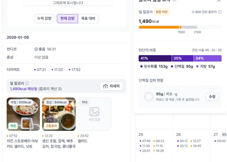 원문에서 소개한 식사와 생활 기록 화면