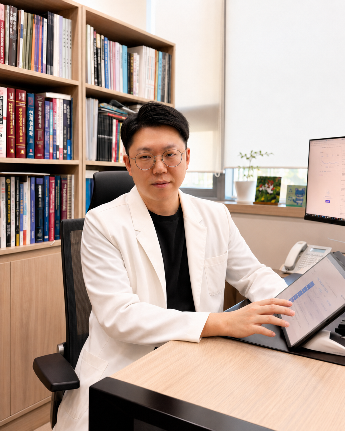 태블릿 자료를 보며 상담하는 소현우 원장